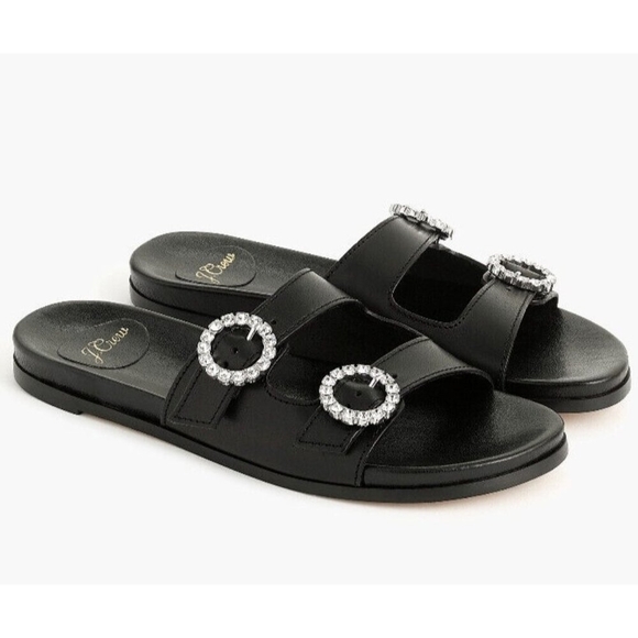 J.CREW Bedford Black Leather Two Straps Slide Sandals Rhinestone Detail … - Picture 1 of 6